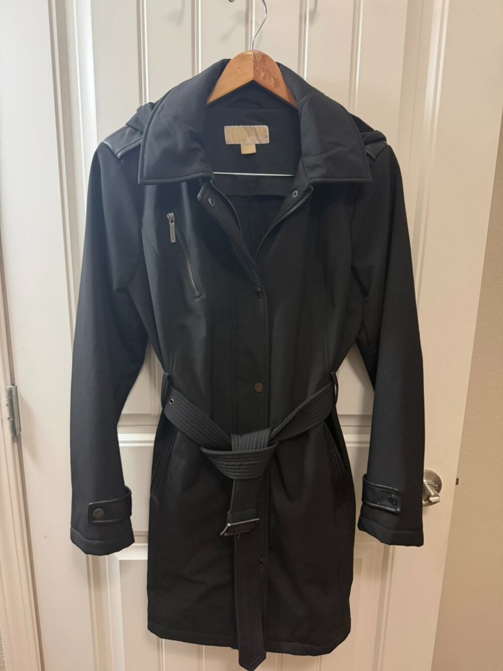 Michael Kors Black Belted Softshell Coat Faux Leather Trim L
